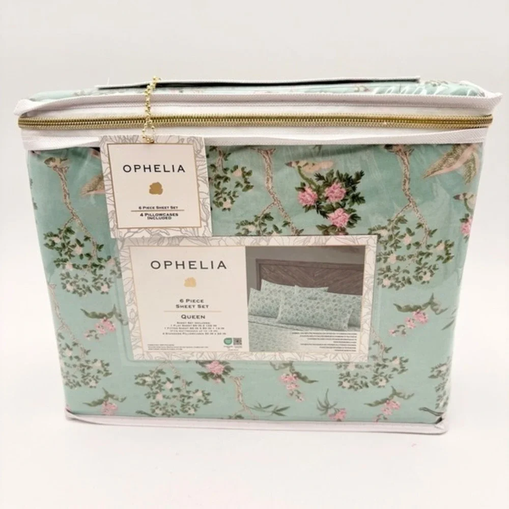 Ophelia Queen 6 Piece Sheet Set Mint Green Crane Floral Chinoiserie Spring Boho‎